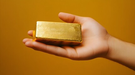 Poster - Closeup shot of a hand carefully holding a heavy shiny gold bar symbolizing the value wealth and security of precious metal investments for financial growth and portfolio diversification