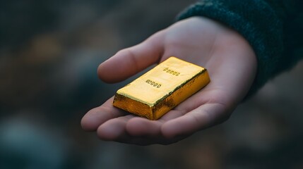Poster - Close up of a human hand carefully holding a solid gold bar signifying the concept of investment finance wealth management and financial security