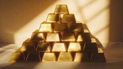 Poster - Pyramid arrangement of shiny golden bars with a soft shadow providing a background for a business message or financial concept  The image represents wealth prosperity and investment opportunities