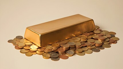 Poster - Gleaming Gold Bar Surrounded by Shimmering Coins on Minimalist Background   Financial Wealth and Investment Concept