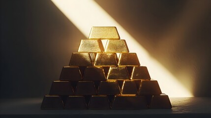 Carefully arranged pyramid of glistening gold bars casting a soft shadow offering a visually striking background for business messaging financial concepts or banking industry communications