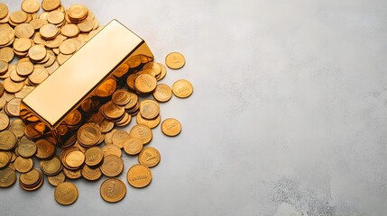 Poster - A photograph showcasing a lustrous gold bar nestled amidst a collection of shimmering coins set against a neutral backdrop creating a visually striking display of wealth and financial prosperity