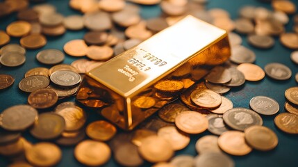 Poster - A photograph showcasing a captivating arrangement of a gold bar surrounded by a collection of coins conveying a sense of financial prosperity wealth and the potential for investment opportunities