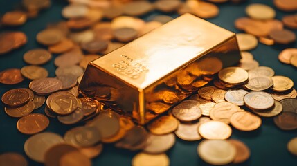 Poster - Photograph of a Shiny Gold Bar Surrounded by Various Coins on a Neutral Background with Ample Space for a Financial Statement or Reporting