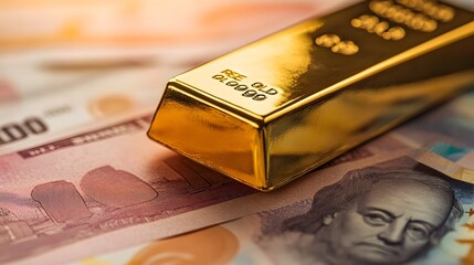Poster - Photograph showcasing a solid gold bar positioned atop a stack of currency notes symbolizing the strength and stability of financial assets
