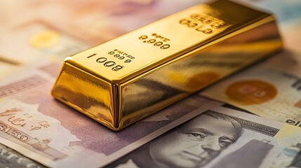 Poster - Gleaming gold bar positioned prominently atop a stack of currency notes symbolizing financial wealth investment and economic prosperity