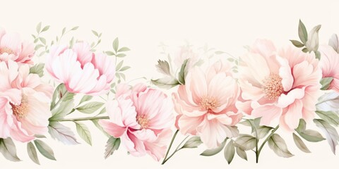 Elegant Watercolor Peony Pattern: Bohemian-Inspired Floral Design for Textile and Background Art. Soft-Hued Asian-Influenced Peonies and Green Leaves on Light Background. Versatile AI-Generated Illust