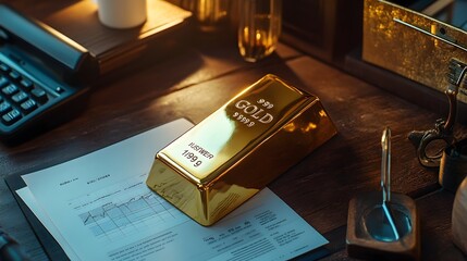 Poster - High angle shot of a shiny gold bar placed on a wooden desk next to an open financial report with ample blank space in the composition for adding a text overlay or graphic