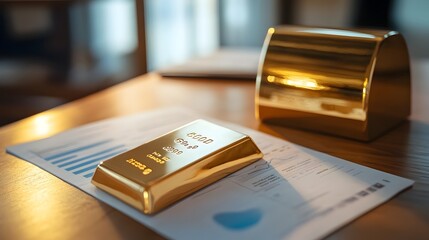Poster - A photograph of a gold bar placed on a desk next to a financial report symbolizing wealth success and the importance of financial planning and analysis in business and investment