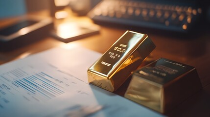 Poster - A gleaming gold bar placed next to an open financial report symbolizing the potential of investments and wealth management on the desk in a professional office setting