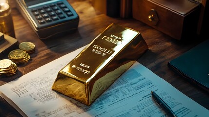 Poster - A golden bar placed on a wooden desk alongside a financial report suggesting a successful investment or banking business transaction