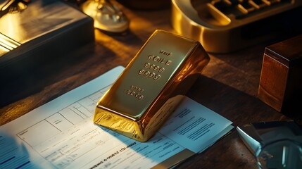 Poster - Close up photograph of a gold bar placed on a wooden desk next to a financial report representing the concept of wealth investment and business analytics