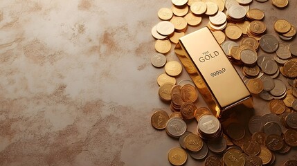 Poster - Closeup view of a lustrous gold bar surrounded by neatly stacked and arranged shiny metallic coins on a neutral background