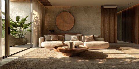 Wall Mural - Earth tone living room interior with couch and coffee table