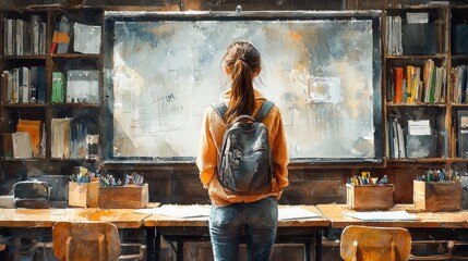 Student in Classroom with Backpack and Whiteboard