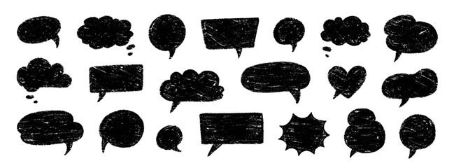 Leinwandbilder - Crayon talk speech balloon frame doodle vector. Hand drawn crayon doodle speech cloud bubble set. Chalk texture sketch text talk cloud balloon frame background. Vector illustration.