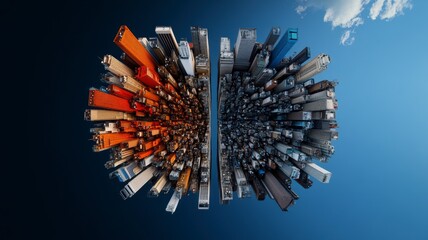 Aerial view of a city skyline split into vibrant colors, showcasing modern architecture and urban diversity against a clear sky.