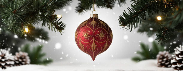 Christmas tree branches with red ball ornament on magic festive background with blurred lights. Xmas celebration banner