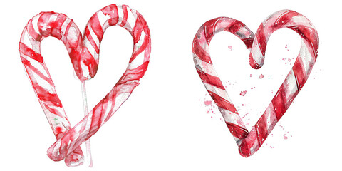 Wall Mural - Watercolor Red and White Candy Cane Heart Shape Isolated on White Background, candy cane heart, heart shape, christmas candy , holiday candy