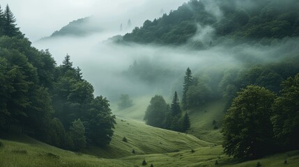 Aufkleber - A green hillside with a foggy forest. Generative AI.