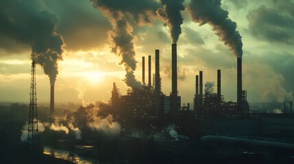 Wide shot of a large factory with smokestacks and backlit machinery in a dramatic setting