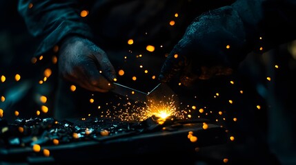 Close-up of a blacksmith shaping metal with sparks flying in a dark, dramatic scene