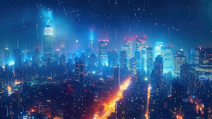 Poster - A night cityscape background with glowing city lights and skyscrapers. Generative AI.