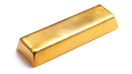 Poster - Closeup View of a Solitary Gleaming Gold Bar Resting on a Plain White Background Highlighting the Shiny Metallic Luster and Inherent Value of This Precious Financial Asset