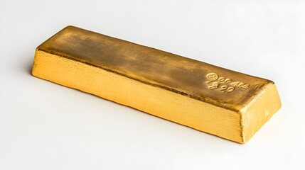 Poster - Closeup image of a solid gold bar or ingot with engraved details of its weight and purity photographed against a plain white studio background  The shiny precious metal object represents wealth