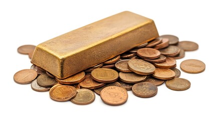 Poster - Partially Submerged Gold Bar Resting in a Pile of Shiny Coins Against a Clean White Background Depicting Wealth Finance and Prosperity