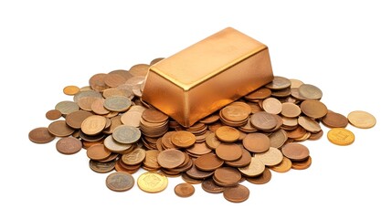 Poster - Partially Submerged Gold Bar Amid Pile of Coins on White Background   Conceptual Image of Wealth Finance and Investment