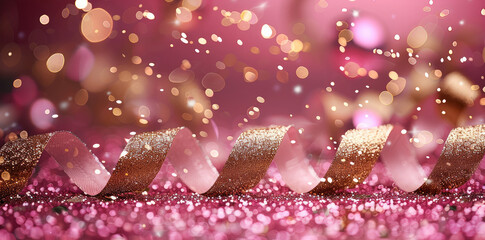 Poster - Glamorous Christmas border with glitter shocking pink background, showcasing golden ribbons and sparkling confetti for a festive touch. Generative AI.