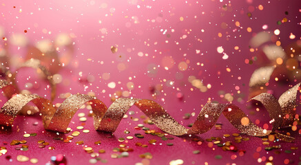 Poster - Glamorous Christmas border with glitter shocking pink background, showcasing golden ribbons and sparkling confetti for a festive touch. Generative AI.