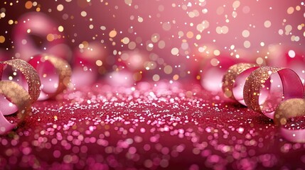 Poster - Glamorous Christmas border with glitter shocking pink background, showcasing golden ribbons and sparkling confetti for a festive touch. Generative AI.