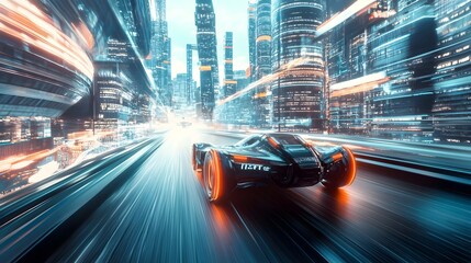 Poster - futuristic high speed vehicle zooming through a visionary cityscape of the future with open space fo
