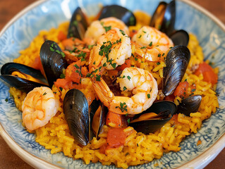 Fresh Seafood Paella With Shrimp, Mussels, And Saffron-infused Rice