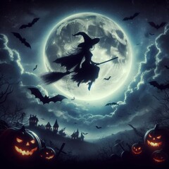 Witch Flying Under the Full Moon in a Spooky Halloween Night Sky