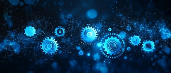 Abstract blue digital technology background with gears and cogs