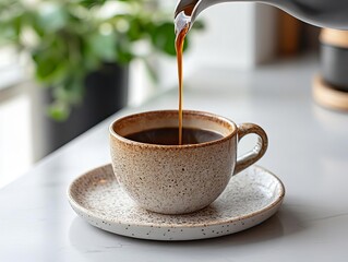 A warm cup of coffee being poured into a textured ceramic cup, resting on a matching plate, with a green backdrop.