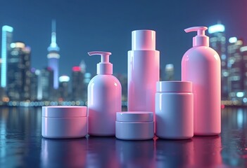 Pink and white cosmetic bottles and containers on a dark background with blurred city skyline