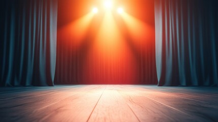 Poster - Stage Spotlight On Wooden Floor With Blue Curtains.