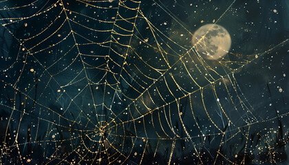 The artwork portrays a web of spiders illuminated by the moon.
