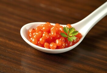 closeup luxury red caviar white spoon with parsley wooden table background