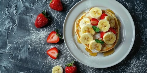 Poster - Vertical view of homemade pancakes with bananas strawberries and maple syrup on a white plate on a concrete table with space for text