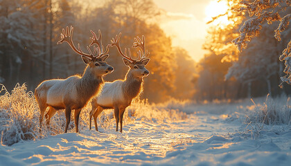 Wall Mural - Deer in snow covered forest at sunrise grazing peacefully generated by AI