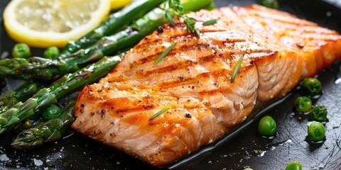 Wall Mural - Grilled Salmon Fillet Accompanied by Asparagus