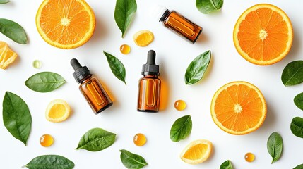 Poster - A flat lay composition featuring essential oil bottles with bright orange and green leaves,