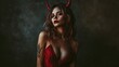 © KYR - A Halloween-themed portrait of a woman in a sexy devil outfit, including red horns and a daring red dress,