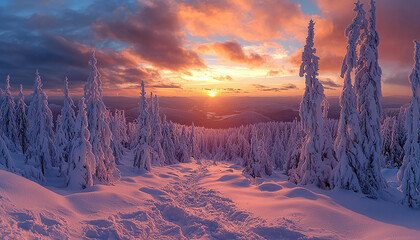 Wall Mural - snowy forest landscape, mountain sunset, frozen beauty in nature generated by ai