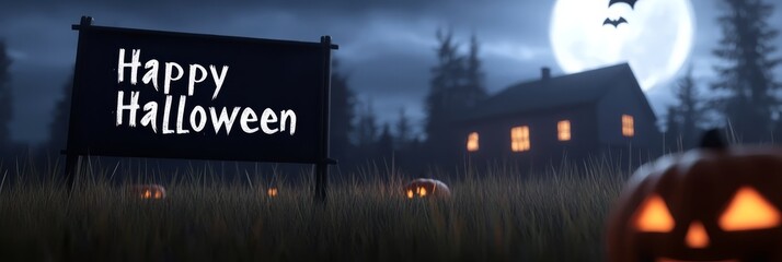 A spooky banner with a haunted house at the center surrounded by jackolanterns bats and a full moon in the background The Happy Halloween message is in a dripping eerie font with a dark purple and bla